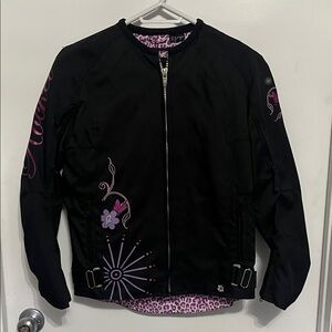 Black Biker Jacket with Pink and Purple Graphic Accents